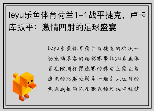 leyu乐鱼体育荷兰1-1战平捷克，卢卡库扳平：激情四射的足球盛宴