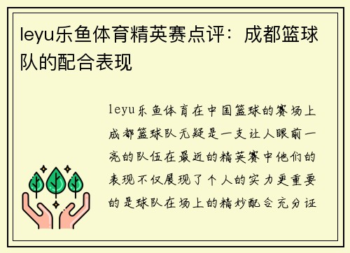 leyu乐鱼体育精英赛点评：成都篮球队的配合表现