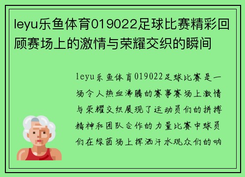 leyu乐鱼体育019022足球比赛精彩回顾赛场上的激情与荣耀交织的瞬间